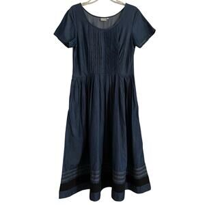 eShakti Denim Midi Fit Flare Dress Womens Size L Pintuck Side Zip Work Church